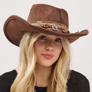 Dark Brown Vintage Inspired Distressed Fabric Band Rustic Western Fedora Hat